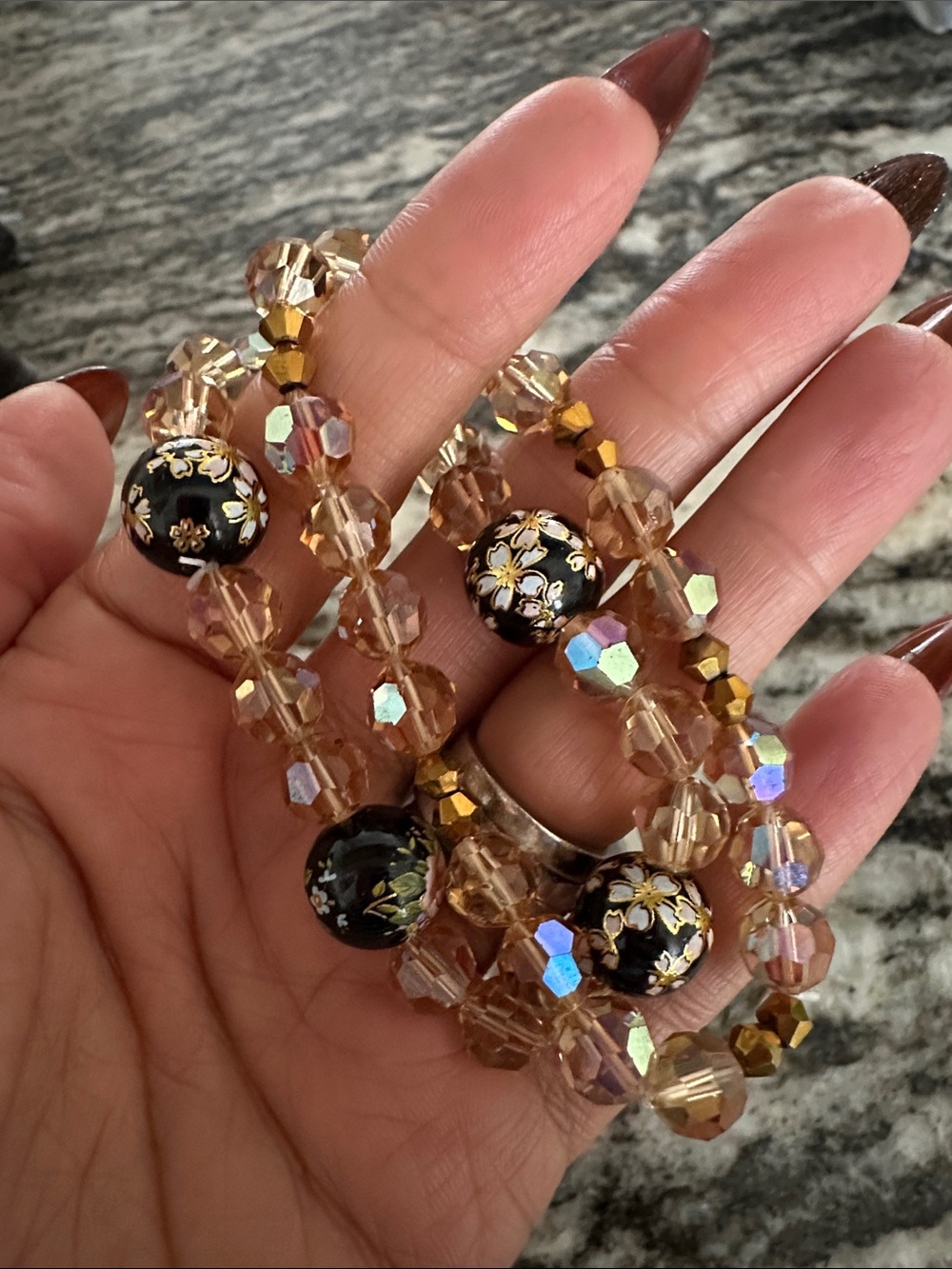 Beaded Floral Cloisonné bracelet, set in Gold and Black